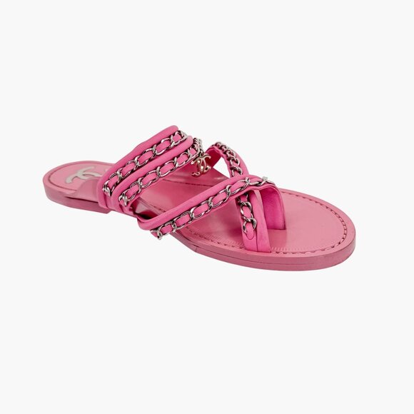 Chanel Toe Ring Chain Sandals Size 37 US 6-6.5 Pink Leather Flat Mule CC Slide - Picture 11 of 14